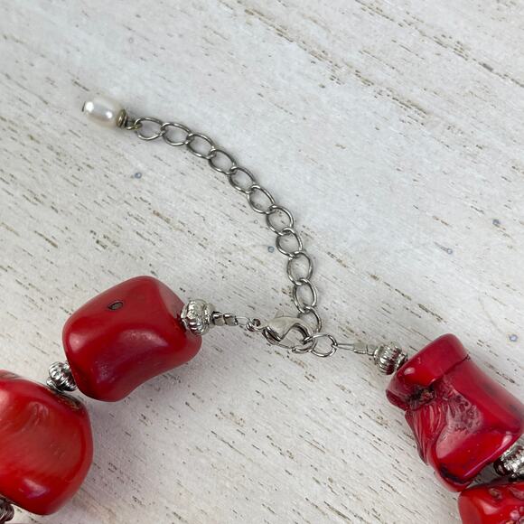 Vintage Y2K Chunky Natural Red Coral Bracelet Silver Tone Chain Pearl Adjustable - Picture 5 of 16